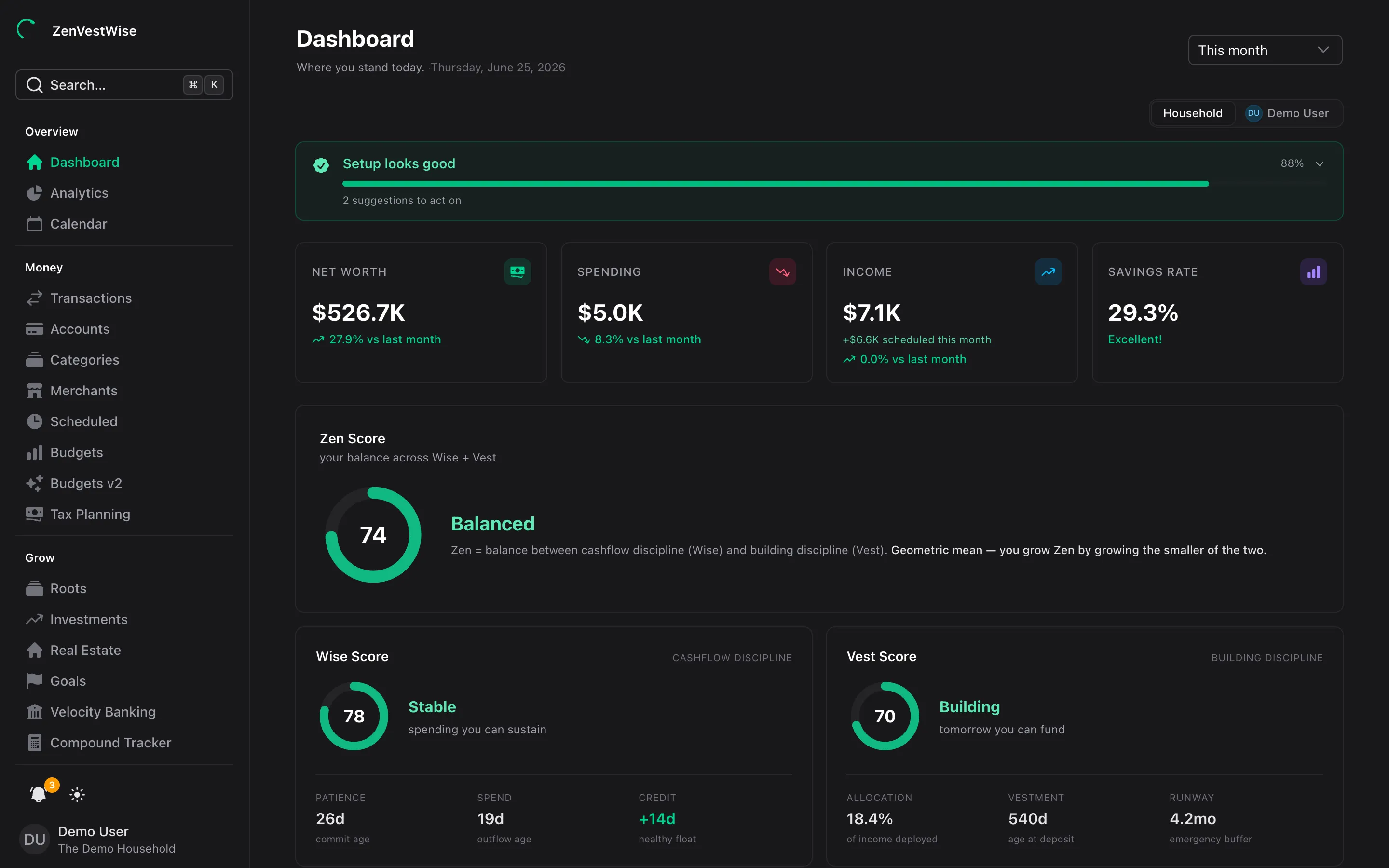The KakeiMaple dashboard — net worth, scores, and recent activity